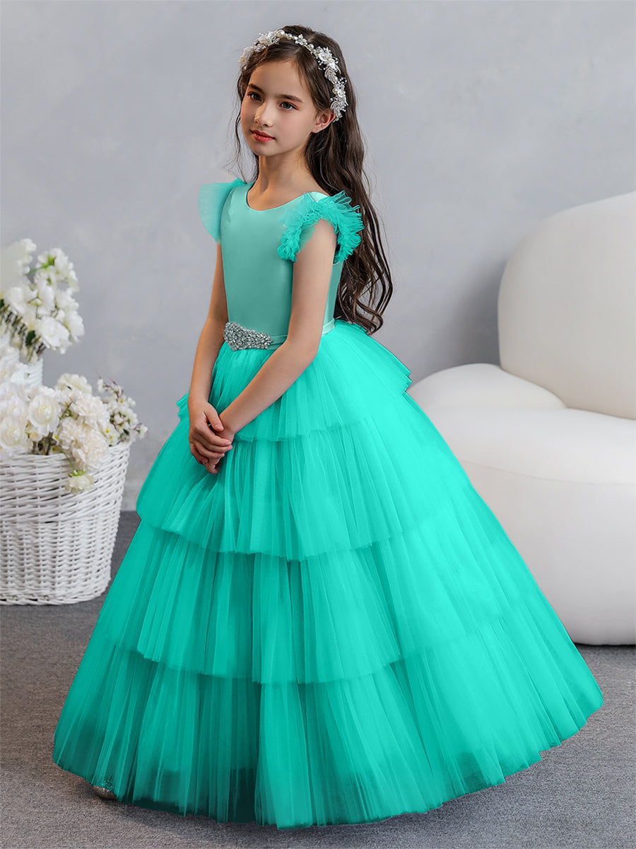 Vestido de Baile de Tule/Princesa Vestidos Floristas com Pregas Em Camadas e Strass