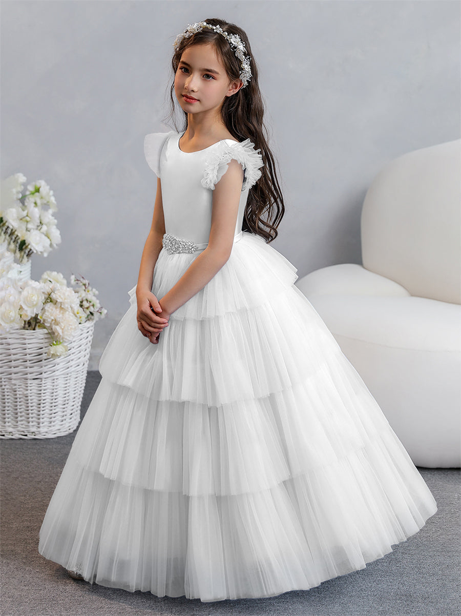 Vestido de Baile de Tule/Princesa Vestidos Floristas com Pregas Em Camadas e Strass