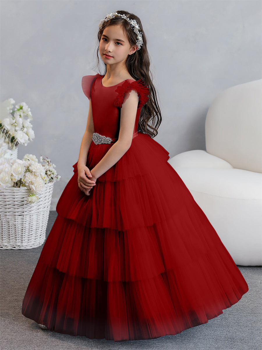 Vestido de Baile de Tule/Princesa Vestidos Floristas com Pregas Em Camadas e Strass