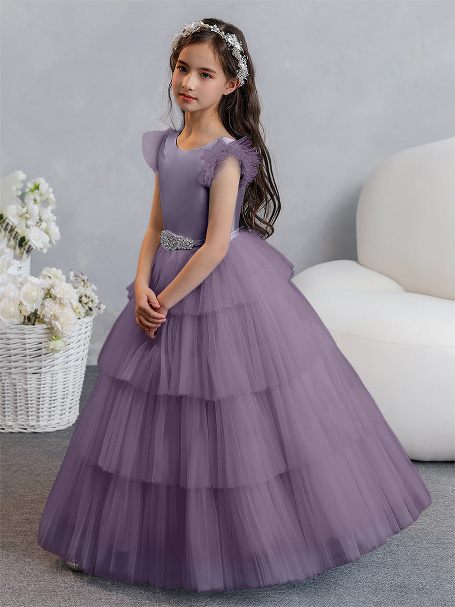 Vestido de Baile de Tule/Princesa Vestidos Floristas com Pregas Em Camadas e Strass