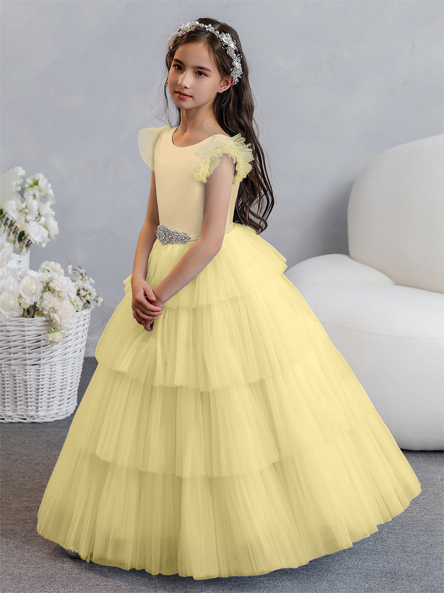 Vestido de Baile de Tule/Princesa Vestidos Floristas com Pregas Em Camadas e Strass