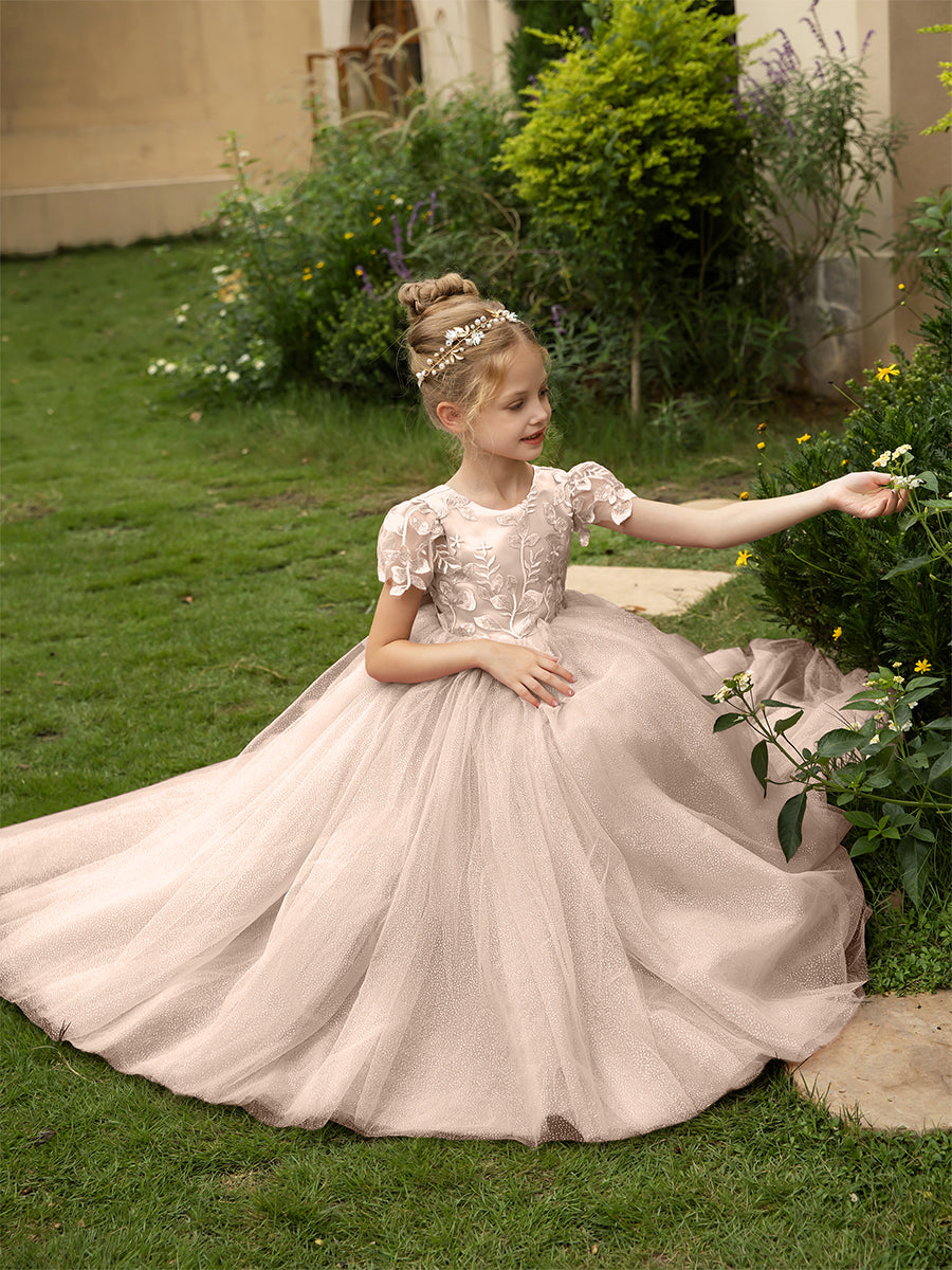 Vestidos Florais de Tule com Gola Redonda e Apliques e Laço de Cetim