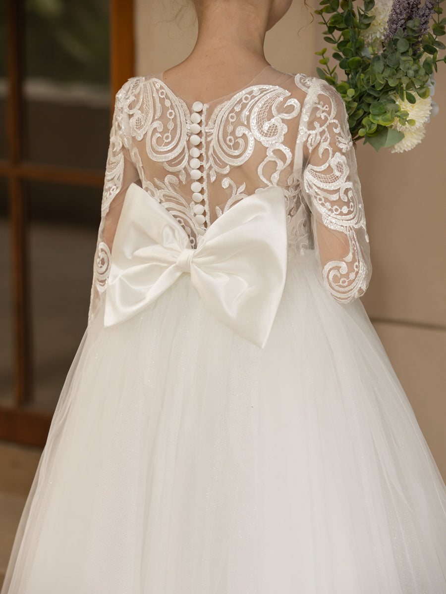 Vestidos Floridos de Tule com Gola Redonda e Apliques e Laço de Cetim