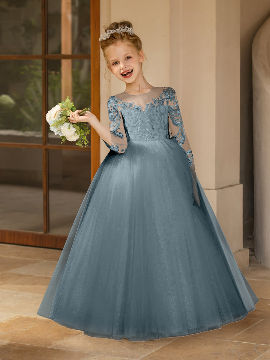 Vestidos Floridos de Tule com Gola Redonda e Apliques e Laço de Cetim