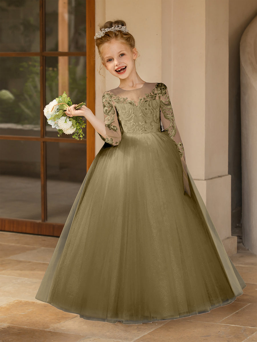 Vestidos Floridos de Tule com Gola Redonda e Apliques e Laço de Cetim