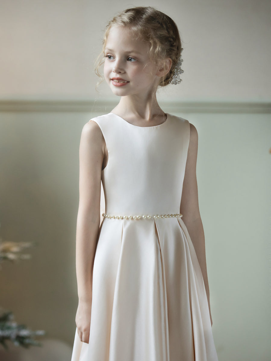 Vestidos Floridos de Cetim com Gola Redonda e Pérolas e Laço