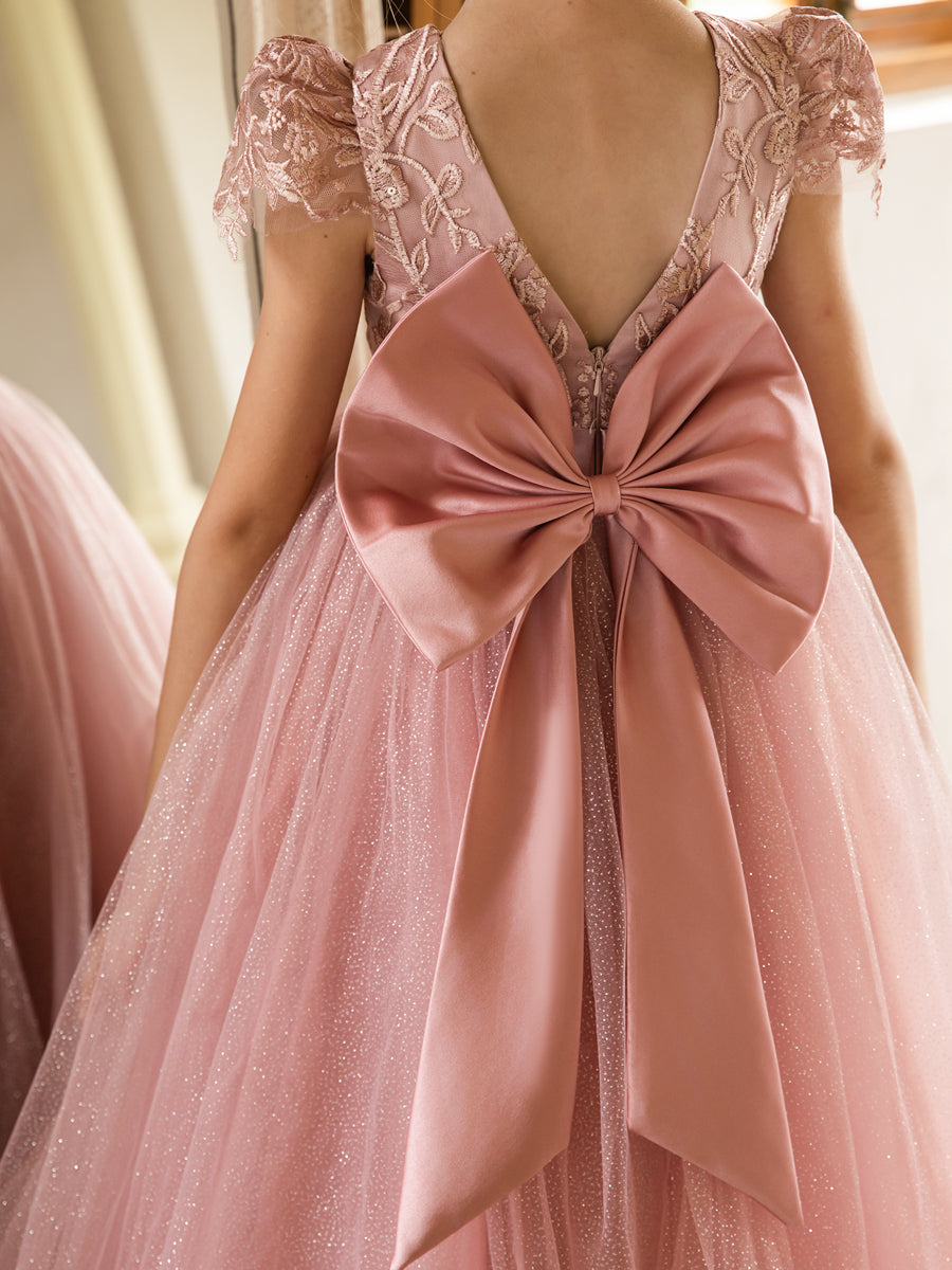 Vestidos Florais de Tule com Gola Redonda e Apliques e Laço de Cetim