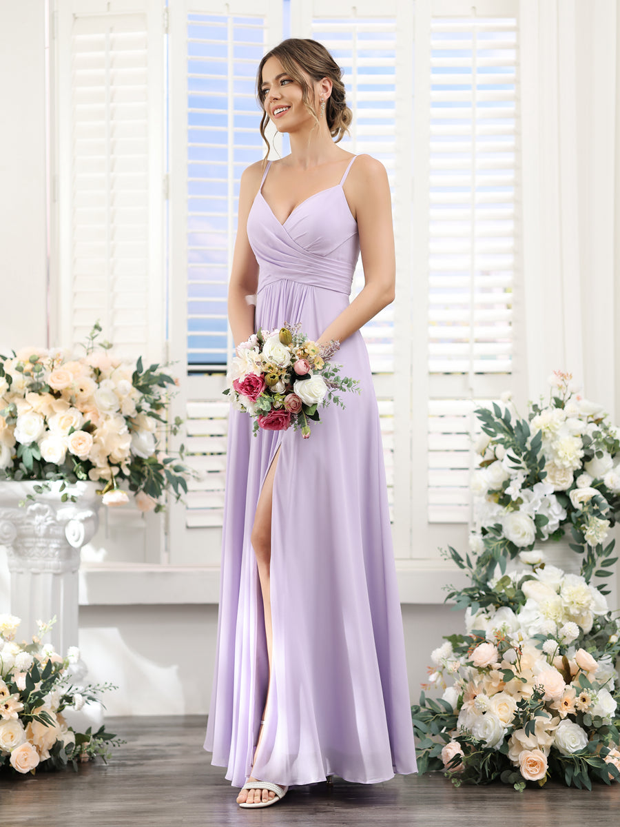 Vestidos de Dama de Honra Em Chiffon Linha A com Decote Em V Sem Mangas com Divisão Lateral Até O Chão