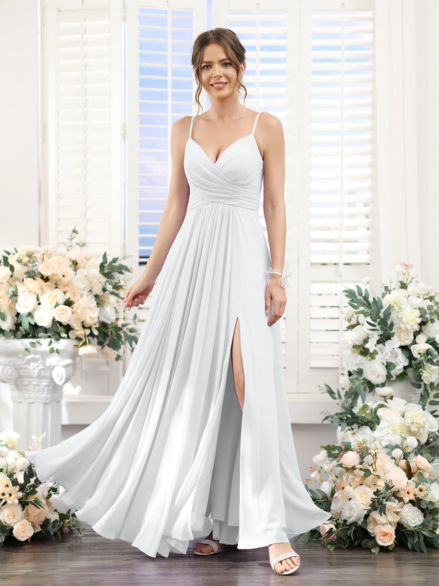 Vestidos de Dama de Honra Em Chiffon Linha A com Decote Em V Sem Mangas com Divisão Lateral Até O Chão