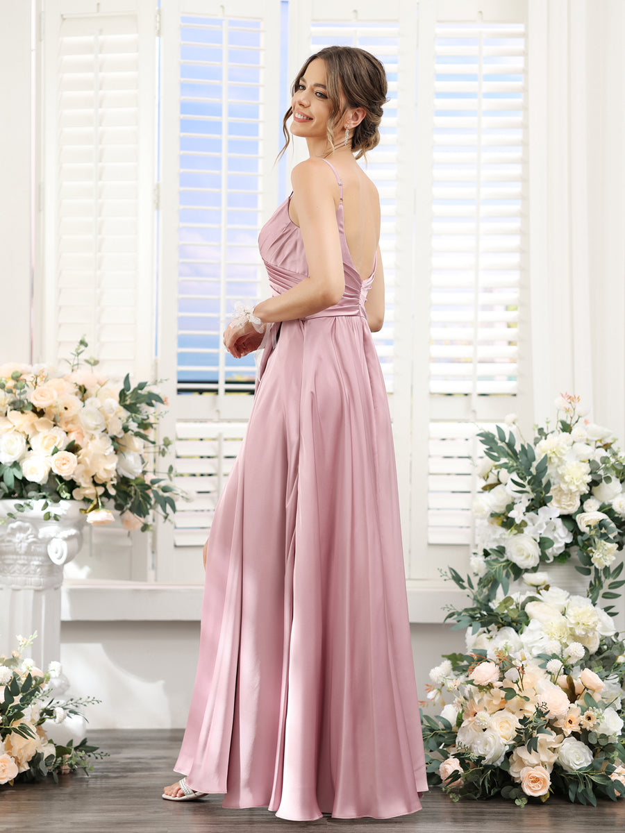 Vestidos de Dama de Honra Em Cetim com Alças Finas Sem Mangas Franzidas Laterais Divididas Até O Chão