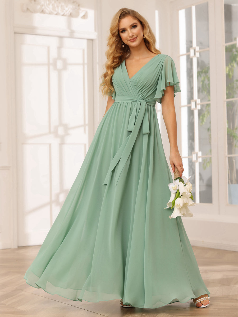 Vestidos de Dama de Honra Linha A/Princesa com Decote Em V e Mangas Curtas com Faixa