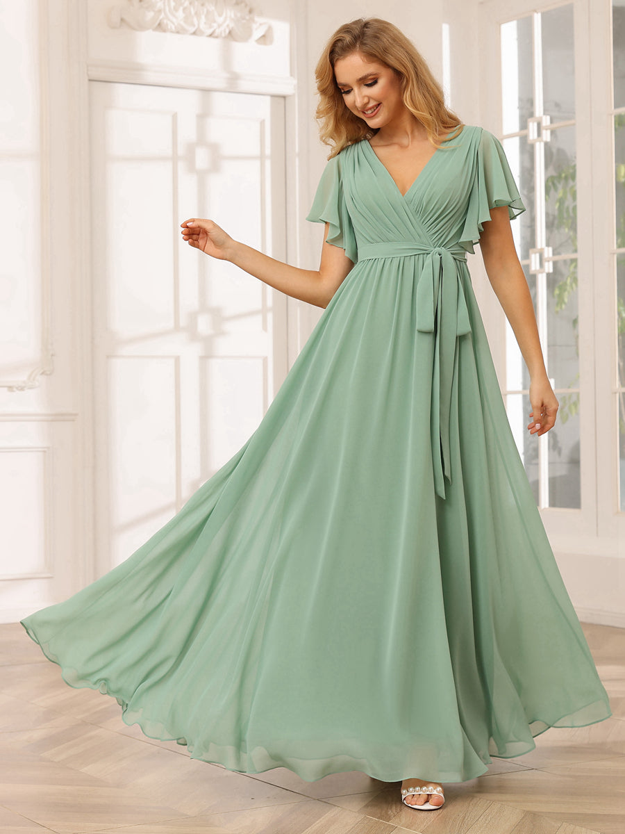Vestidos de Dama de Honra Linha A/Princesa com Decote Em V e Mangas Curtas com Faixa