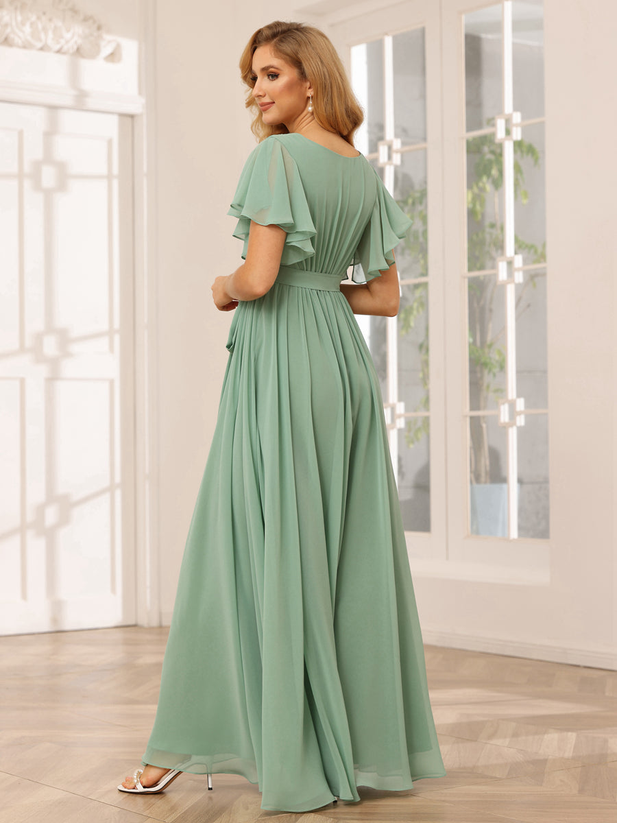 Vestidos de Dama de Honra Linha A/Princesa com Decote Em V e Mangas Curtas com Faixa