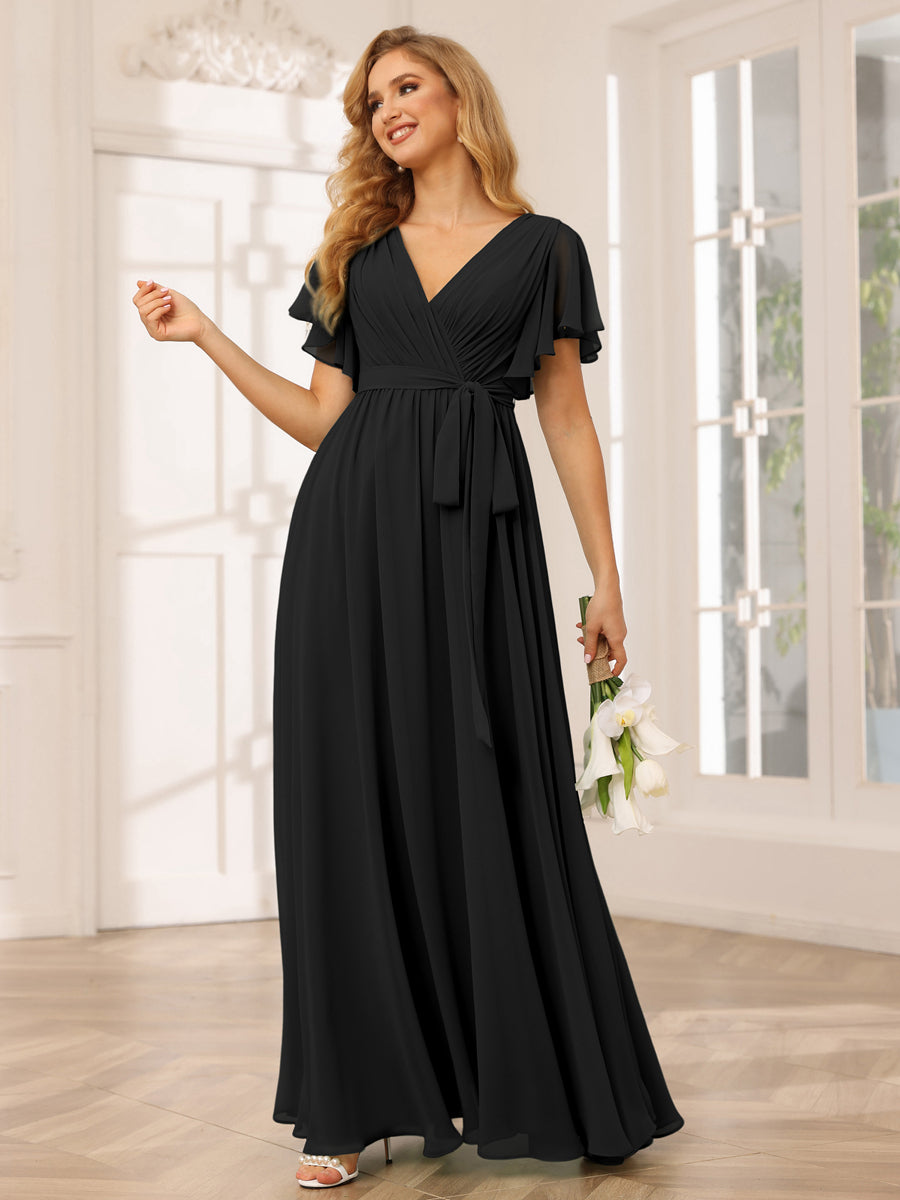 Vestidos de Dama de Honra Linha A/Princesa com Decote Em V e Mangas Curtas com Faixa