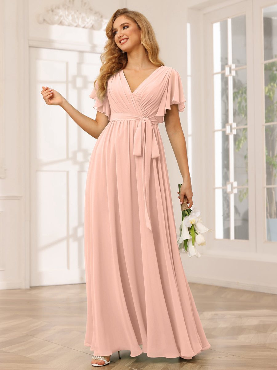Vestidos de Dama de Honra Linha A/Princesa com Decote Em V e Mangas Curtas com Faixa