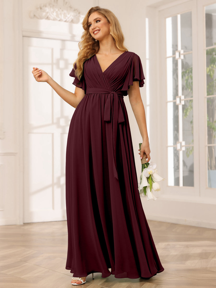 Vestidos de Dama de Honra Linha A/Princesa com Decote Em V e Mangas Curtas com Faixa