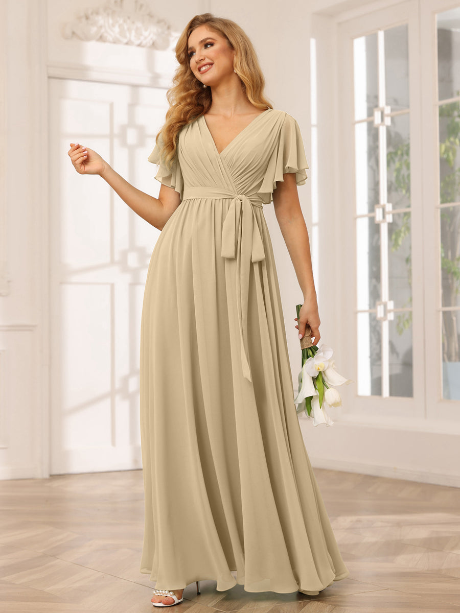 Vestidos de Dama de Honra Linha A/Princesa com Decote Em V e Mangas Curtas com Faixa