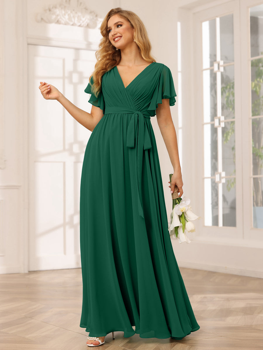 Vestidos de Dama de Honra Linha A/Princesa com Decote Em V e Mangas Curtas com Faixa
