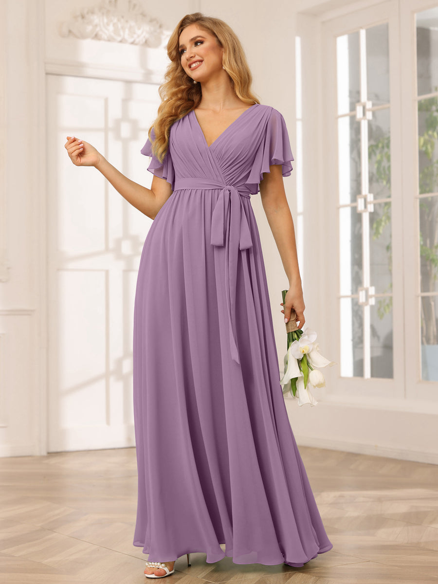 Vestidos de Dama de Honra Linha A/Princesa com Decote Em V e Mangas Curtas com Faixa