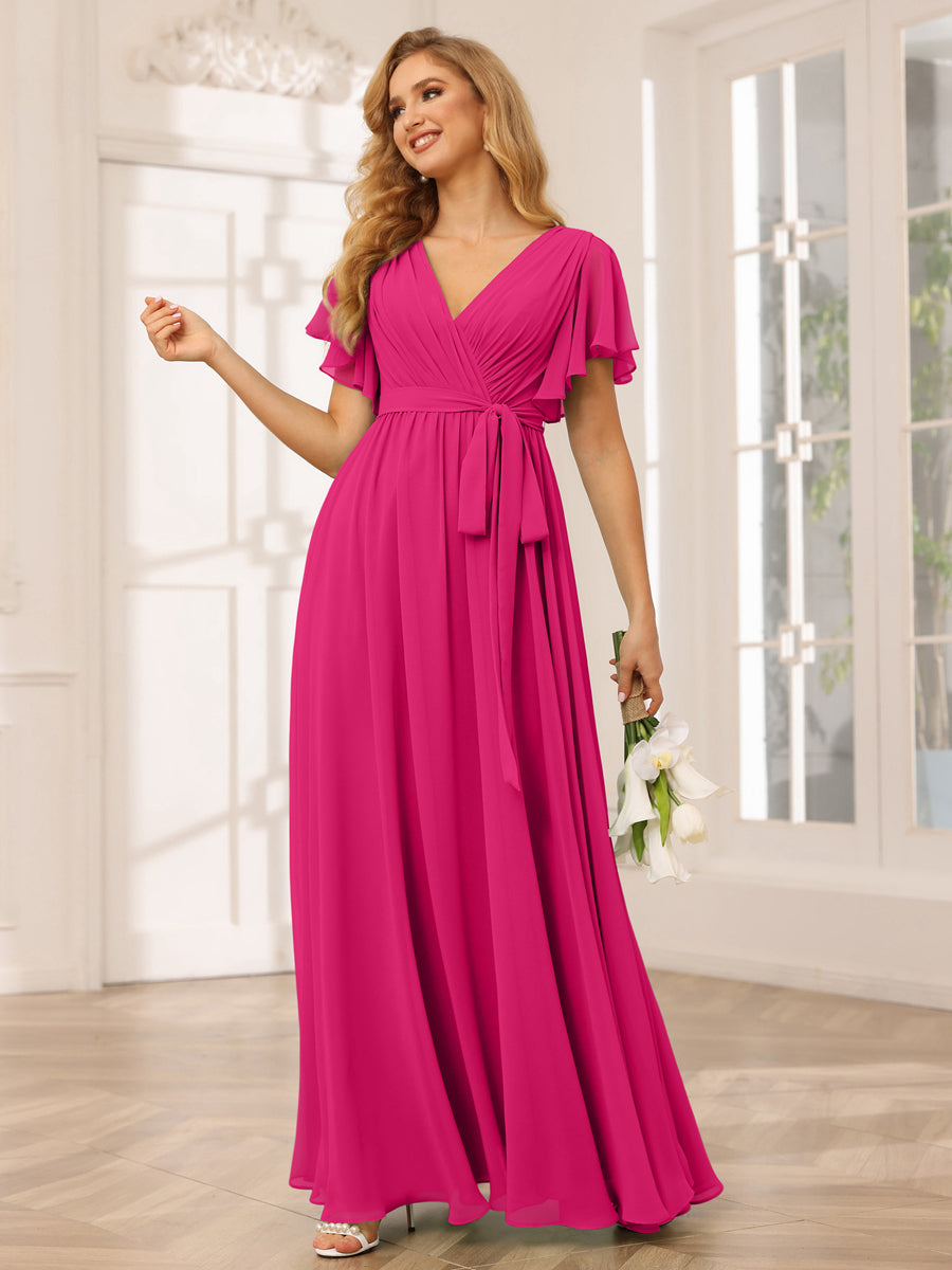 Vestidos de Dama de Honra Linha A/Princesa com Decote Em V e Mangas Curtas com Faixa