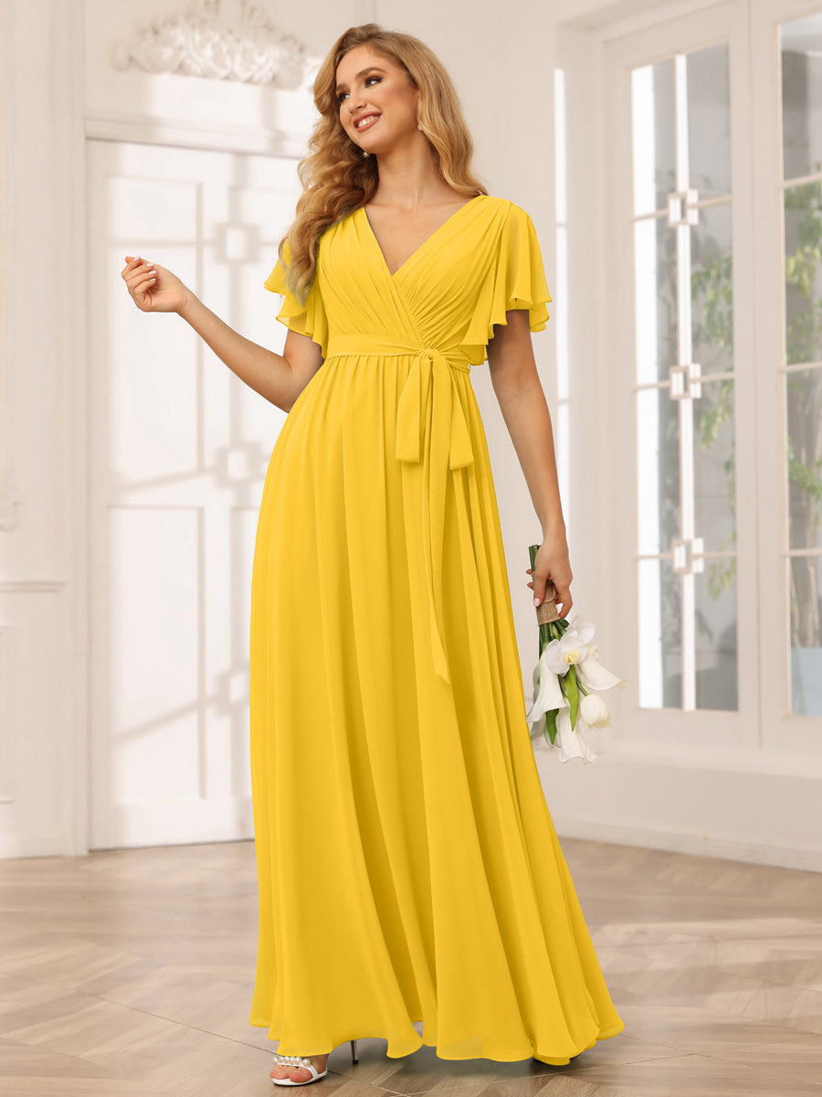 Vestidos de Dama de Honra Linha A/Princesa com Decote Em V e Mangas Curtas com Faixa