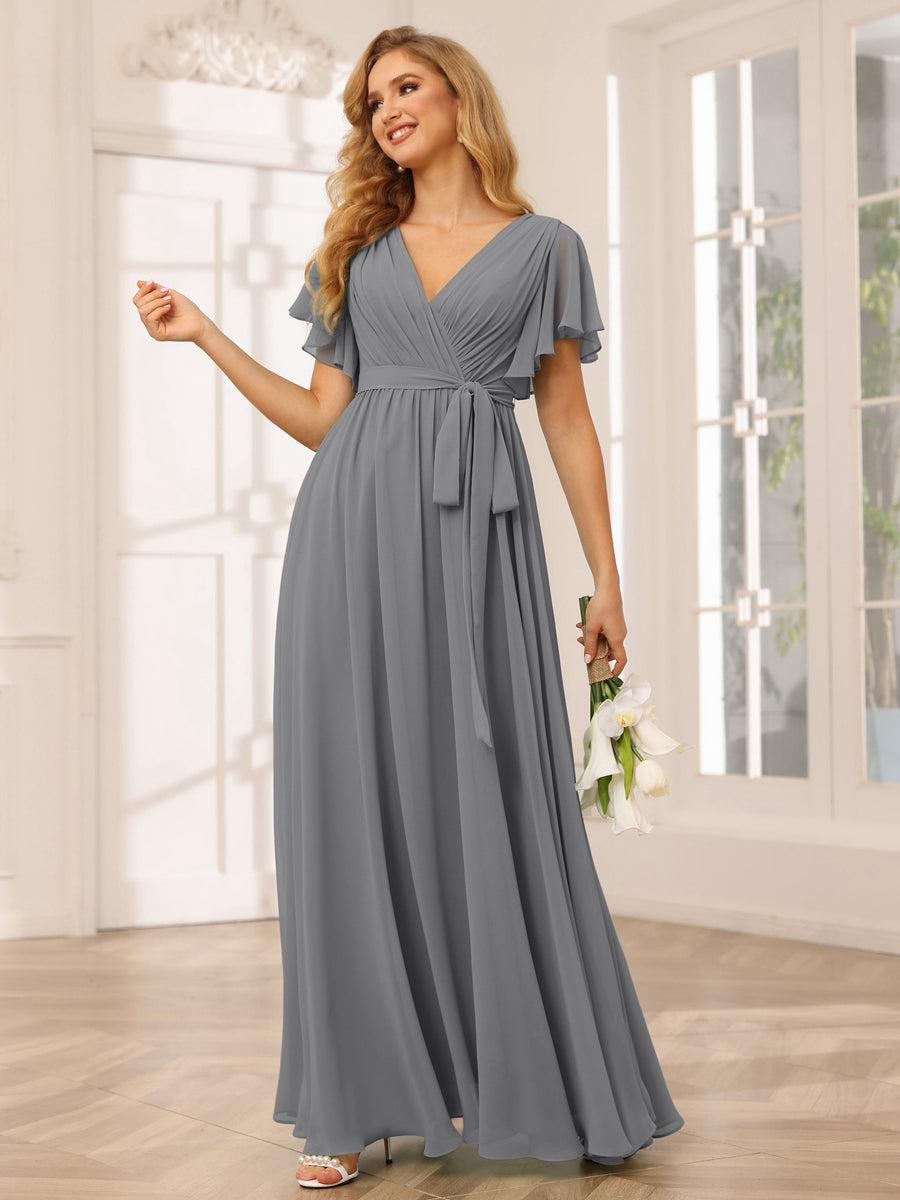 Vestidos de Dama de Honra Linha A/Princesa com Decote Em V e Mangas Curtas com Faixa