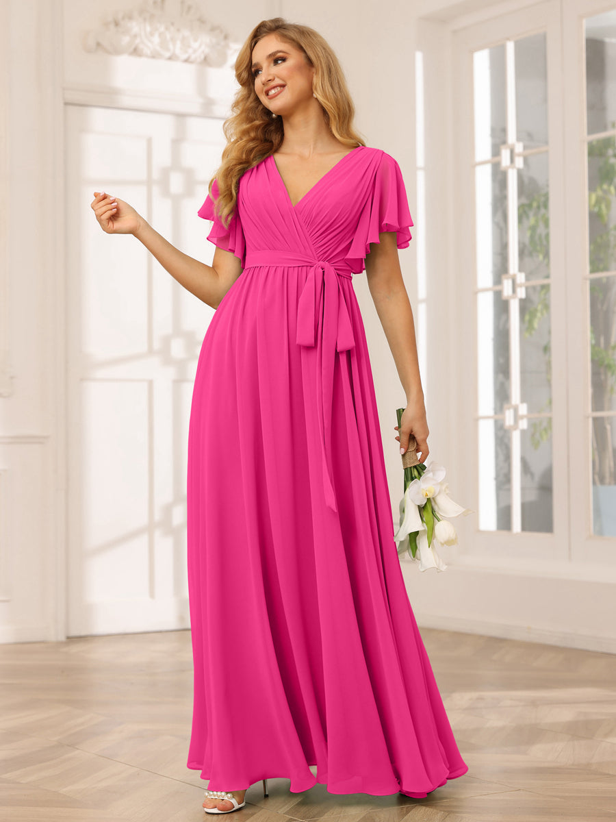 Vestidos de Dama de Honra Linha A/Princesa com Decote Em V e Mangas Curtas com Faixa
