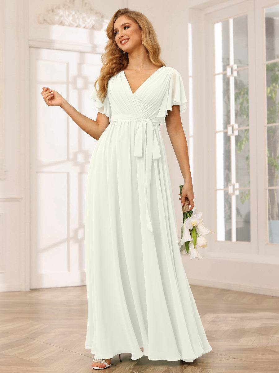 Vestidos de Dama de Honra Linha A/Princesa com Decote Em V e Mangas Curtas com Faixa