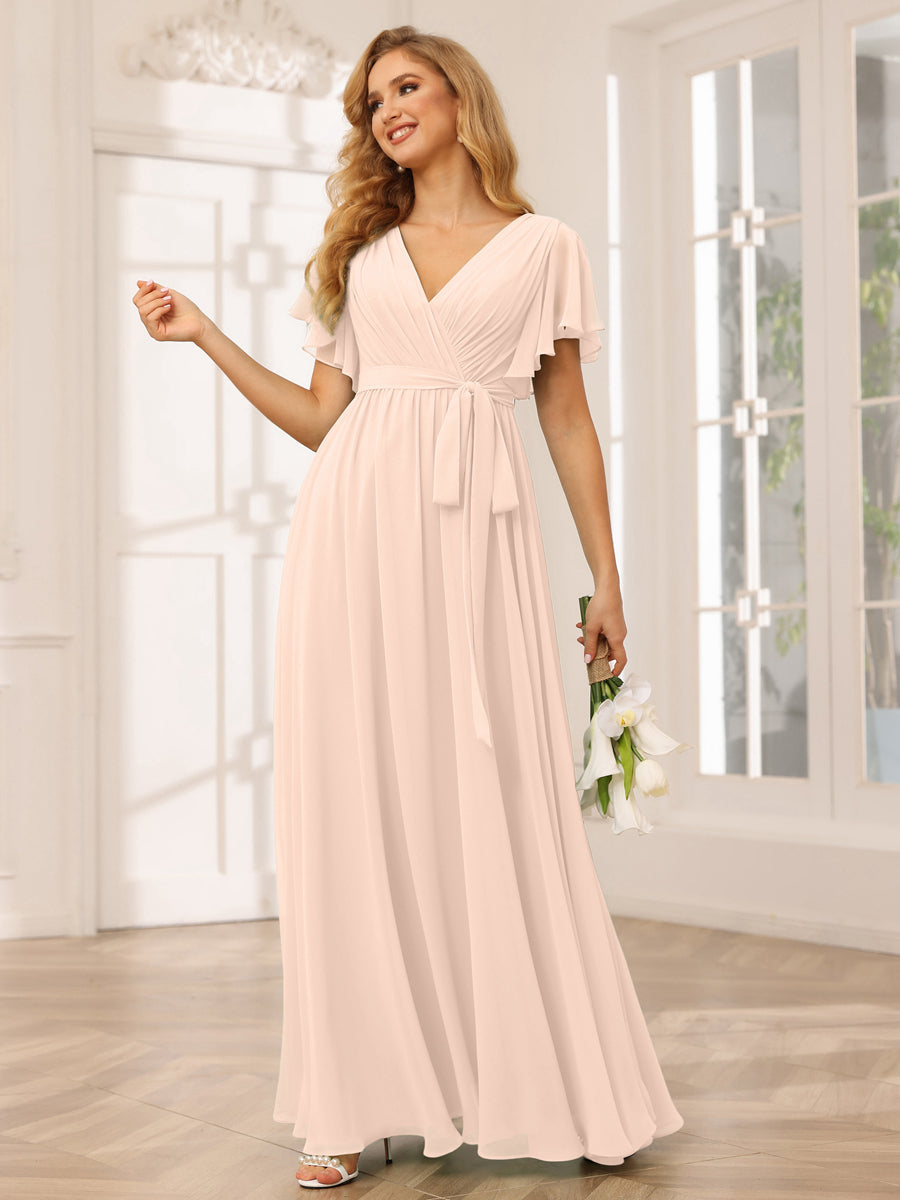 Vestidos de Dama de Honra Linha A/Princesa com Decote Em V e Mangas Curtas com Faixa