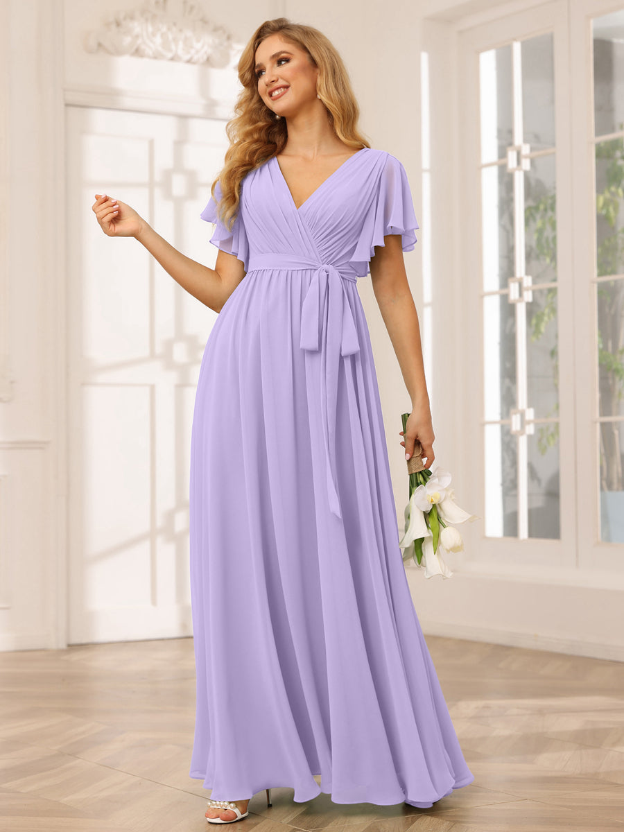 Vestidos de Dama de Honra Linha A/Princesa com Decote Em V e Mangas Curtas com Faixa