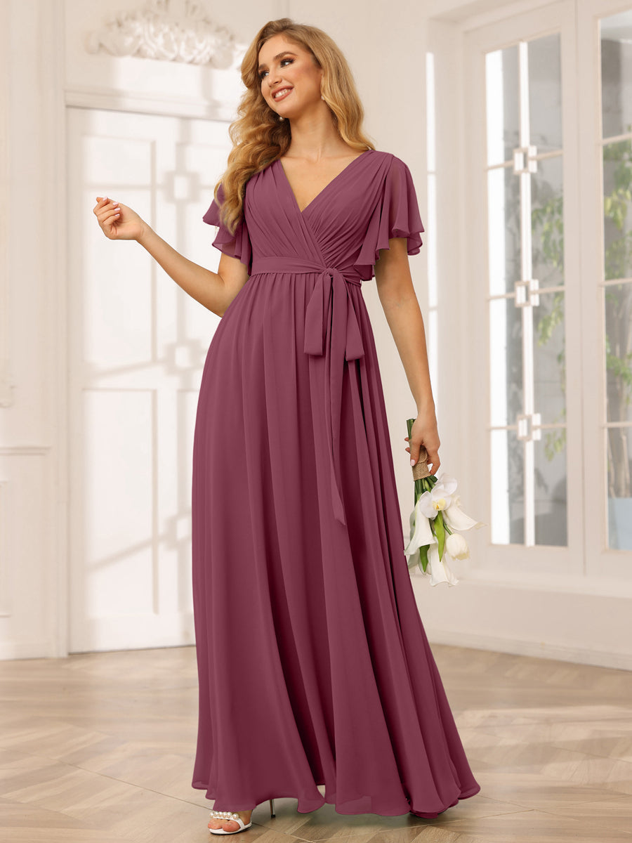 Vestidos de Dama de Honra Linha A/Princesa com Decote Em V e Mangas Curtas com Faixa