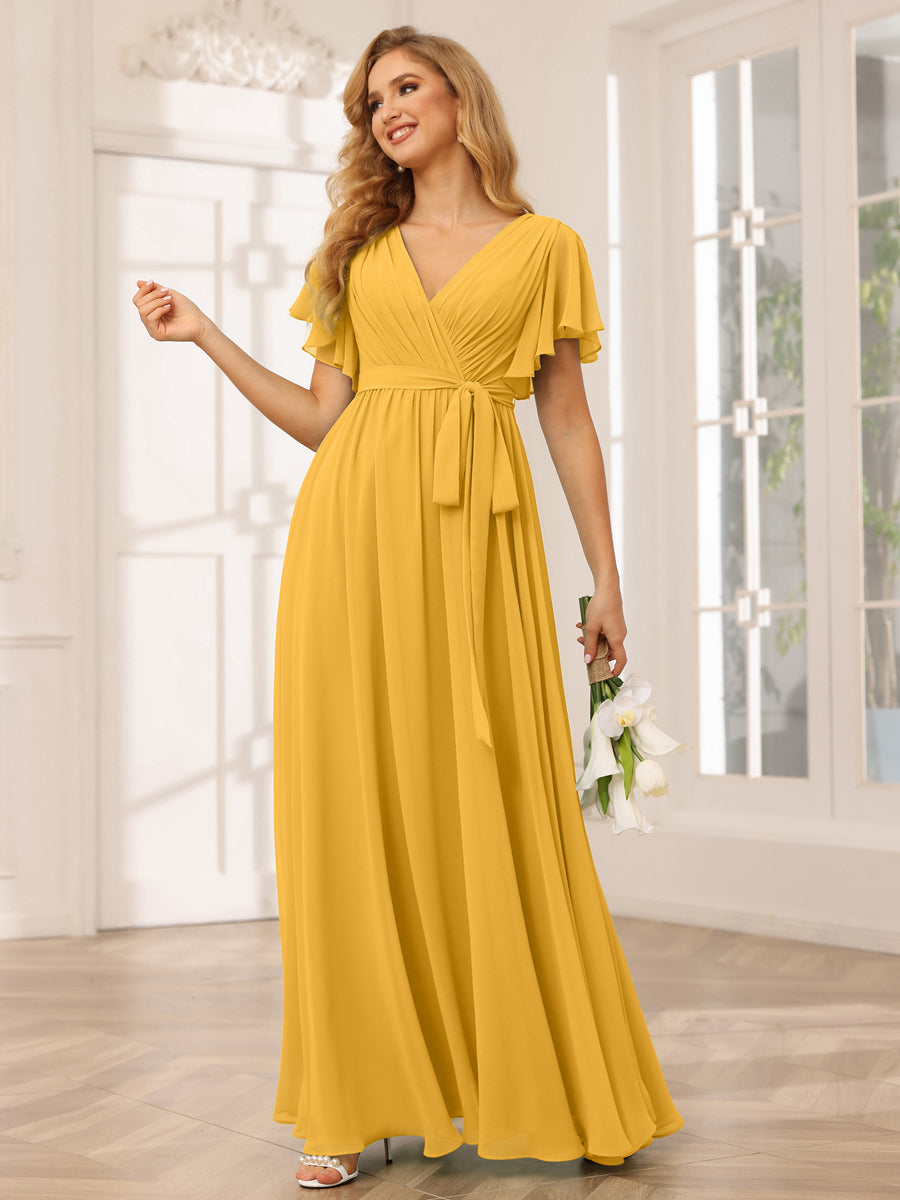 Vestidos de Dama de Honra Linha A/Princesa com Decote Em V e Mangas Curtas com Faixa
