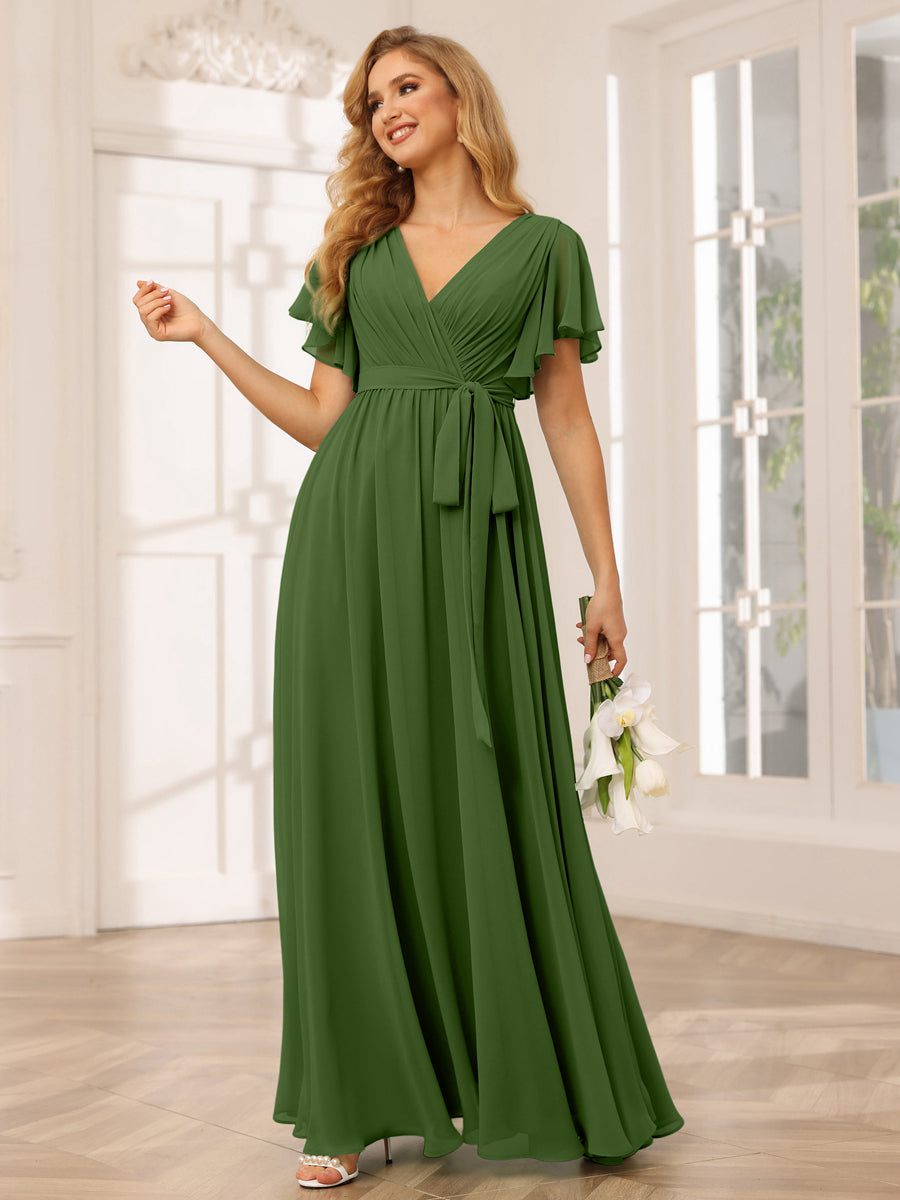 Vestidos de Dama de Honra Linha A/Princesa com Decote Em V e Mangas Curtas com Faixa