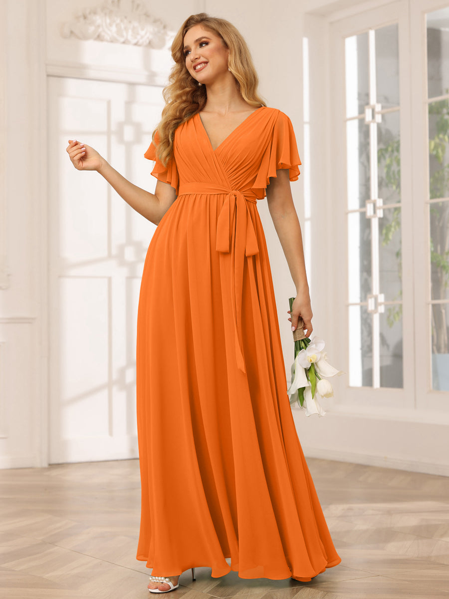 Vestidos de Dama de Honra Linha A/Princesa com Decote Em V e Mangas Curtas com Faixa