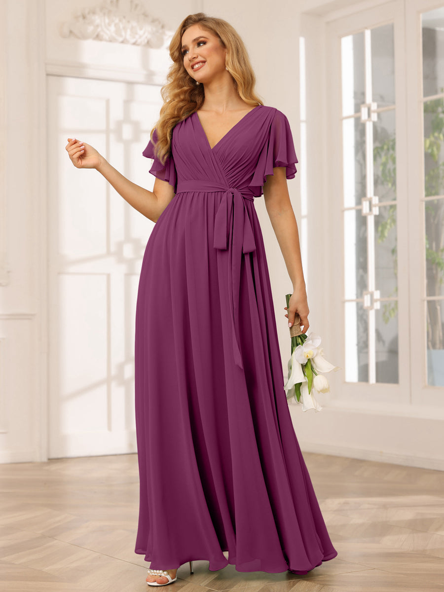 Vestidos de Dama de Honra Linha A/Princesa com Decote Em V e Mangas Curtas com Faixa