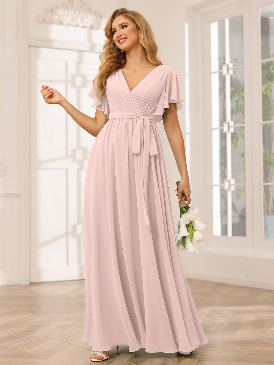 Vestidos de Dama de Honra Linha A/Princesa com Decote Em V e Mangas Curtas com Faixa