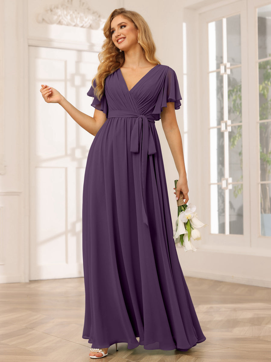 Vestidos de Dama de Honra Linha A/Princesa com Decote Em V e Mangas Curtas com Faixa