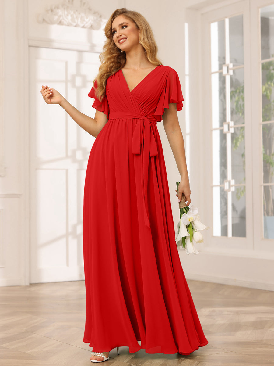 Vestidos de Dama de Honra Linha A/Princesa com Decote Em V e Mangas Curtas com Faixa