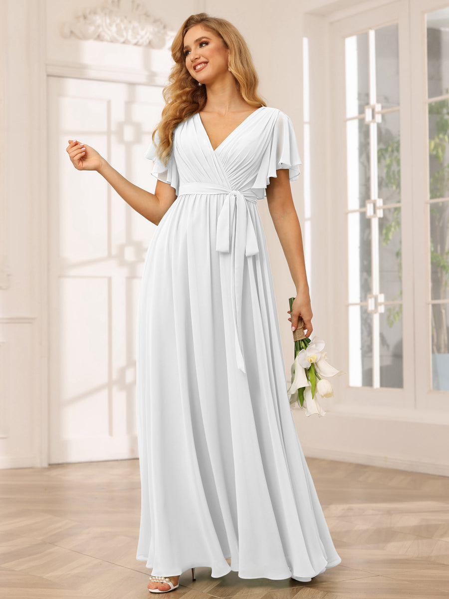 Vestidos de Dama de Honra Linha A/Princesa com Decote Em V e Mangas Curtas com Faixa