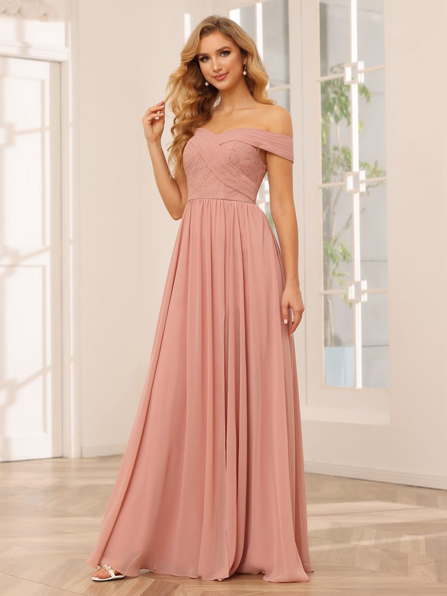 Vestidos Longos de Dama de Honra com Ombros de Fora Evasê/Princesa com Apliques