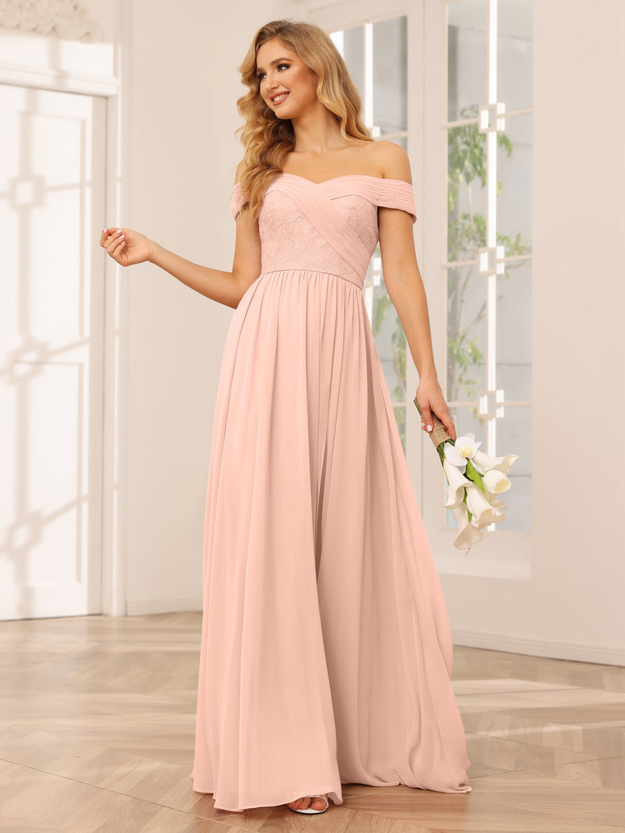 Vestidos Longos de Dama de Honra com Ombros de Fora Evasê/Princesa com Apliques