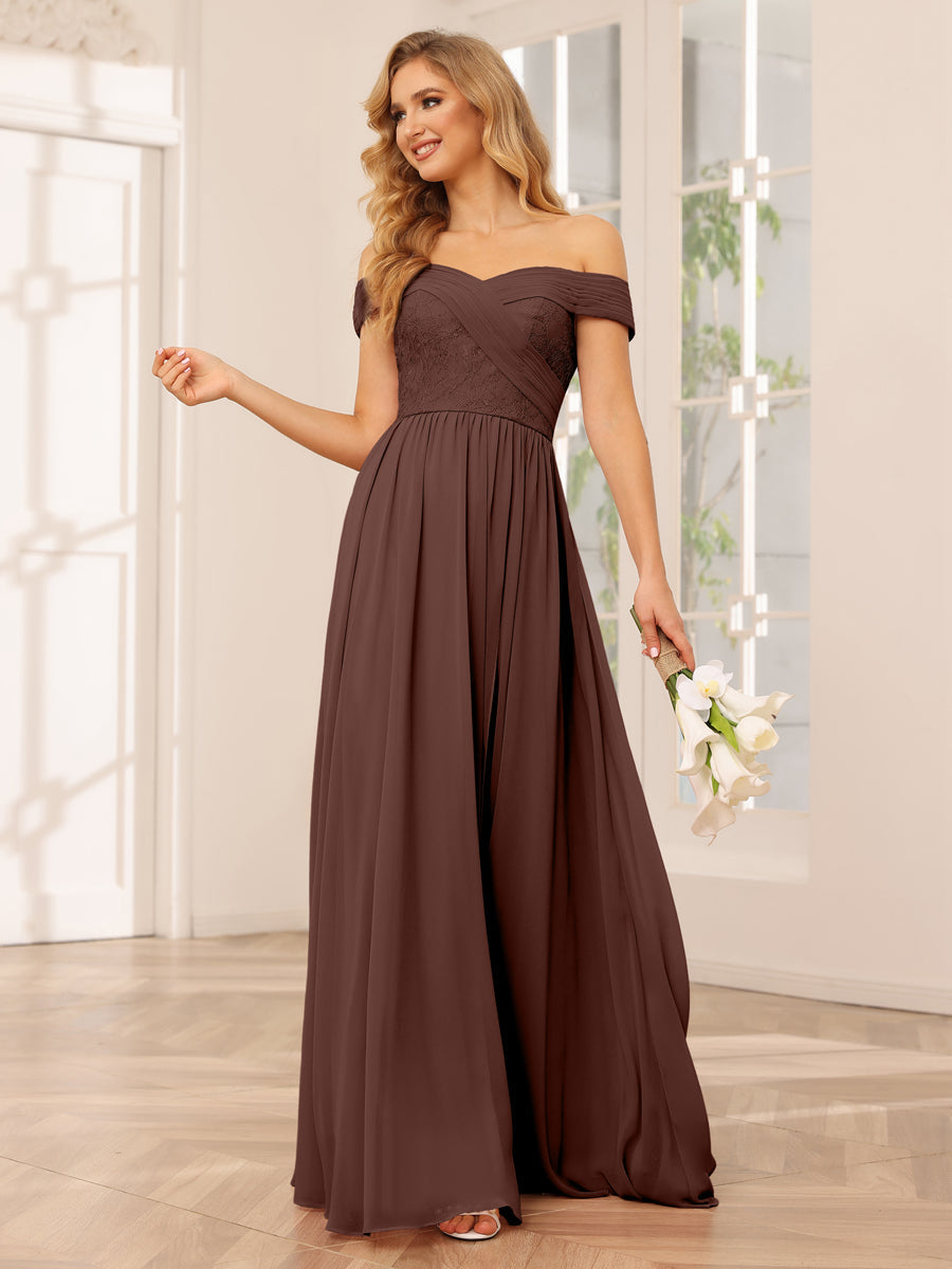 Vestidos Longos de Dama de Honra com Ombros de Fora Evasê/Princesa com Apliques