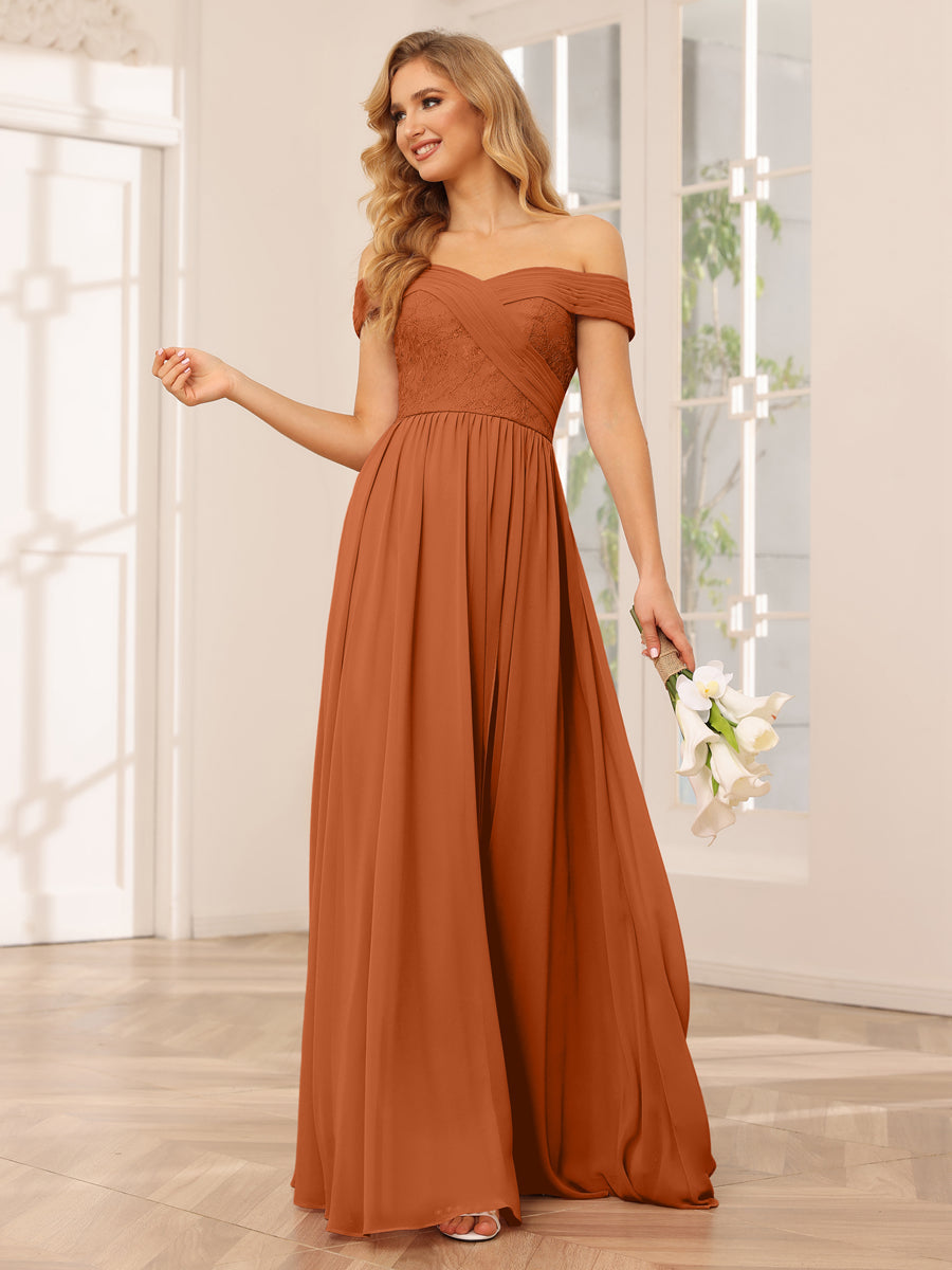 Vestidos Longos de Dama de Honra com Ombros de Fora Evasê/Princesa com Apliques