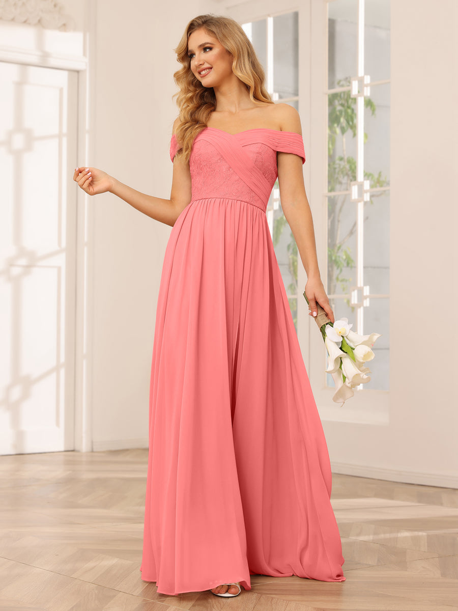 Vestidos Longos de Dama de Honra com Ombros de Fora Evasê/Princesa com Apliques