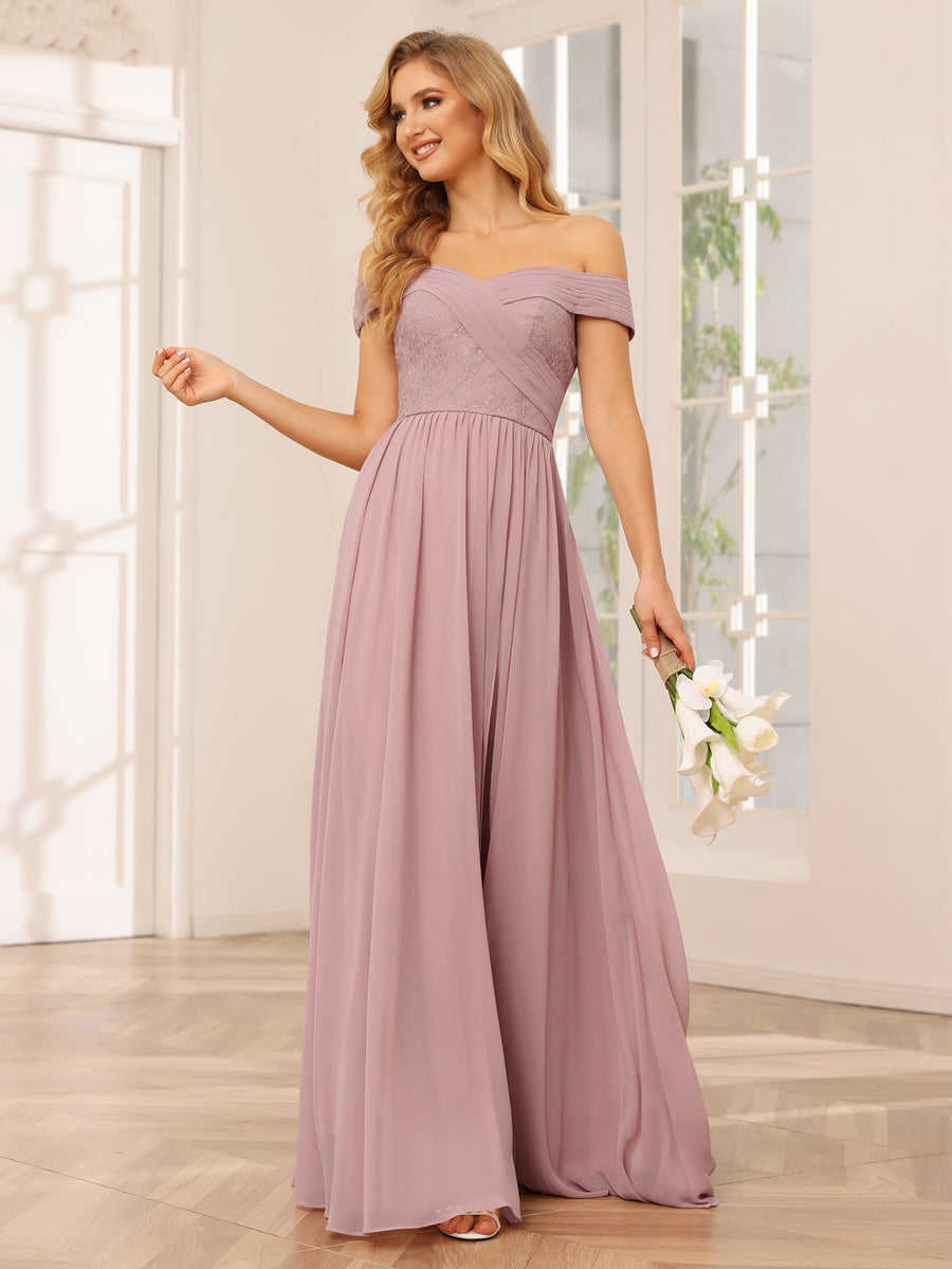 Vestidos Longos de Dama de Honra com Ombros de Fora Evasê/Princesa com Apliques