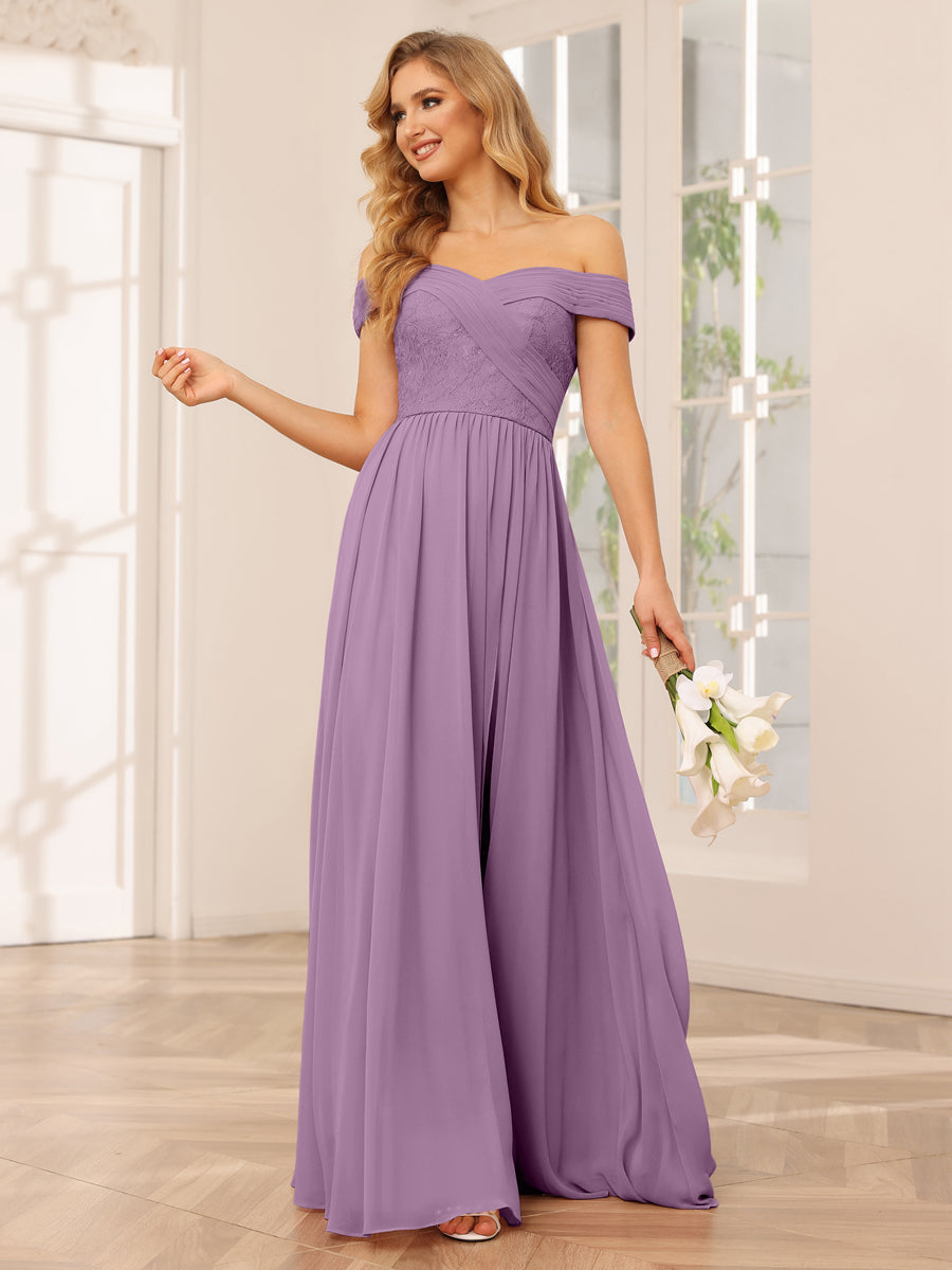Vestidos Longos de Dama de Honra com Ombros de Fora Evasê/Princesa com Apliques