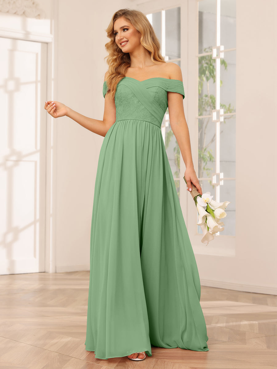 Vestidos Longos de Dama de Honra com Ombros de Fora Evasê/Princesa com Apliques