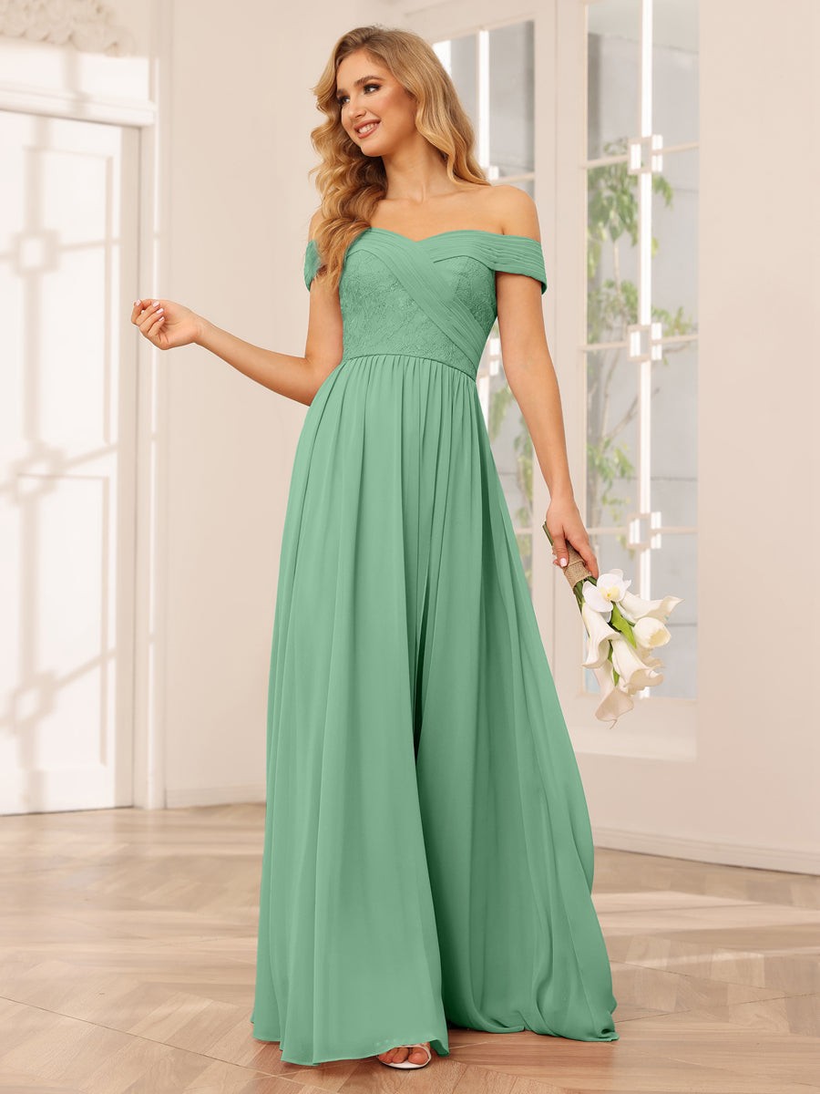 Vestidos Longos de Dama de Honra com Ombros de Fora Evasê/Princesa com Apliques