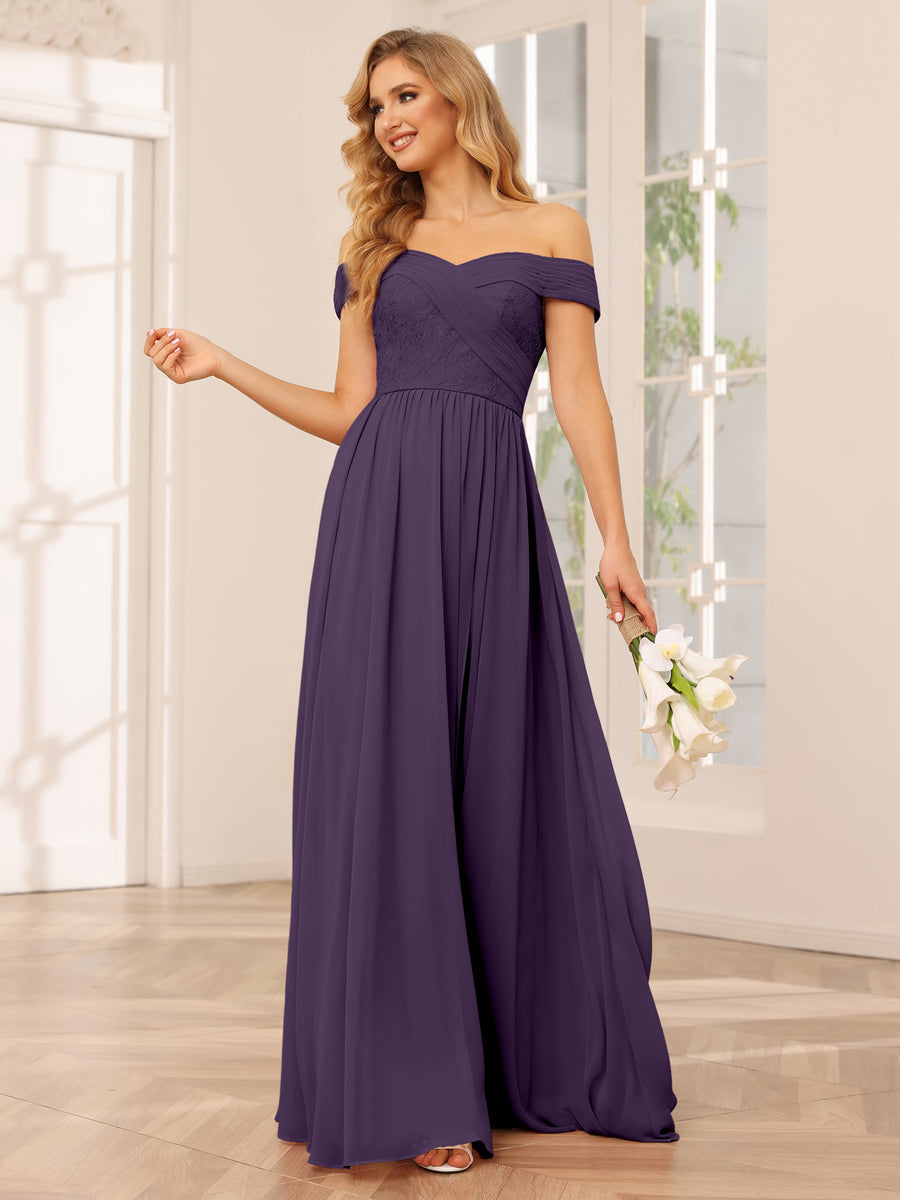 Vestidos Longos de Dama de Honra com Ombros de Fora Evasê/Princesa com Apliques