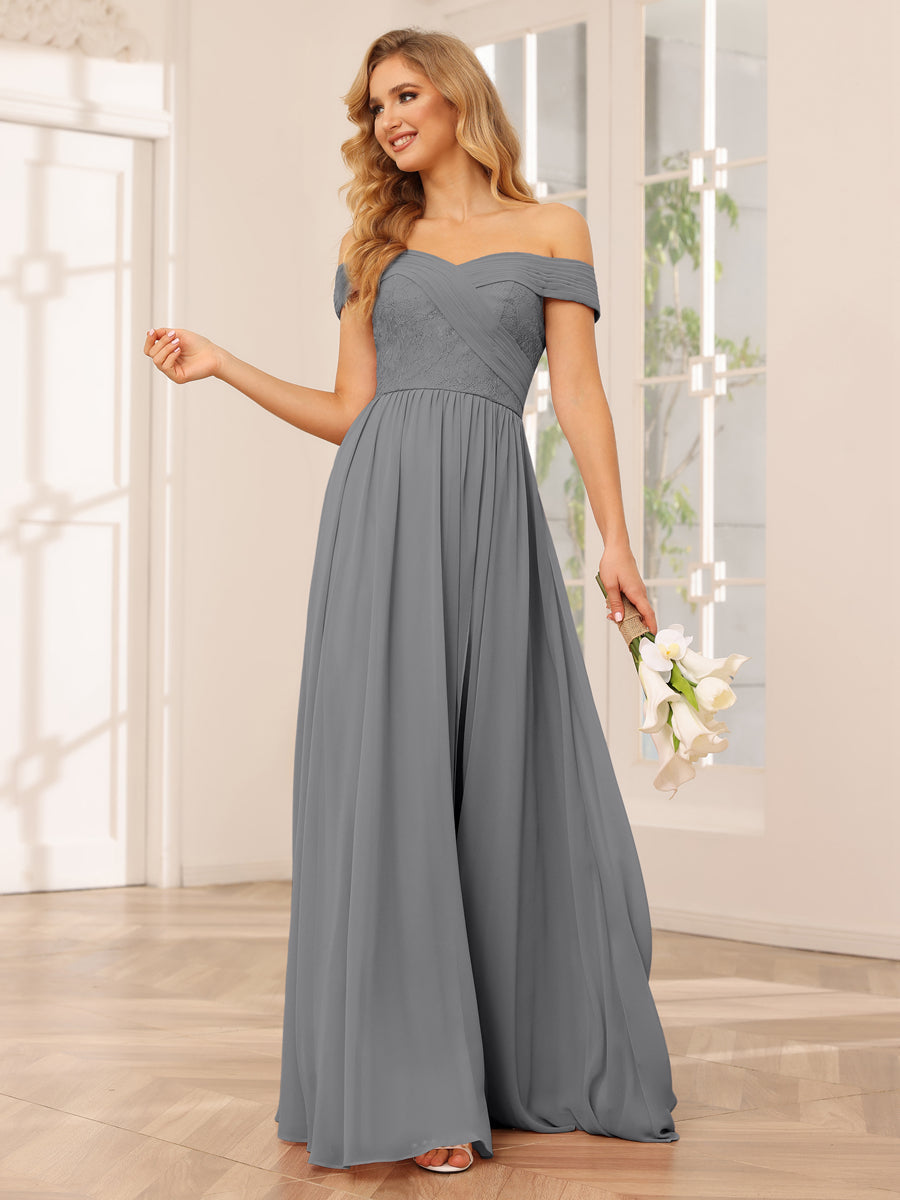 Vestidos Longos de Dama de Honra com Ombros de Fora Evasê/Princesa com Apliques